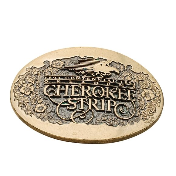 Cherokee Strip 1893 Centennial 1993 Solid Brass Belt Buckle Oval Design - Picture 1 of 2